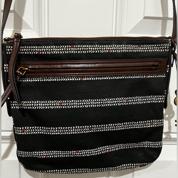 Fossil Handbags - FOSSIL Fiona Crossbody Bag Black White Geometric Pattern Brown Leather Strap
